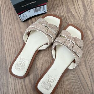 Vince Camuto Beige Woven Buckle Slide Mules